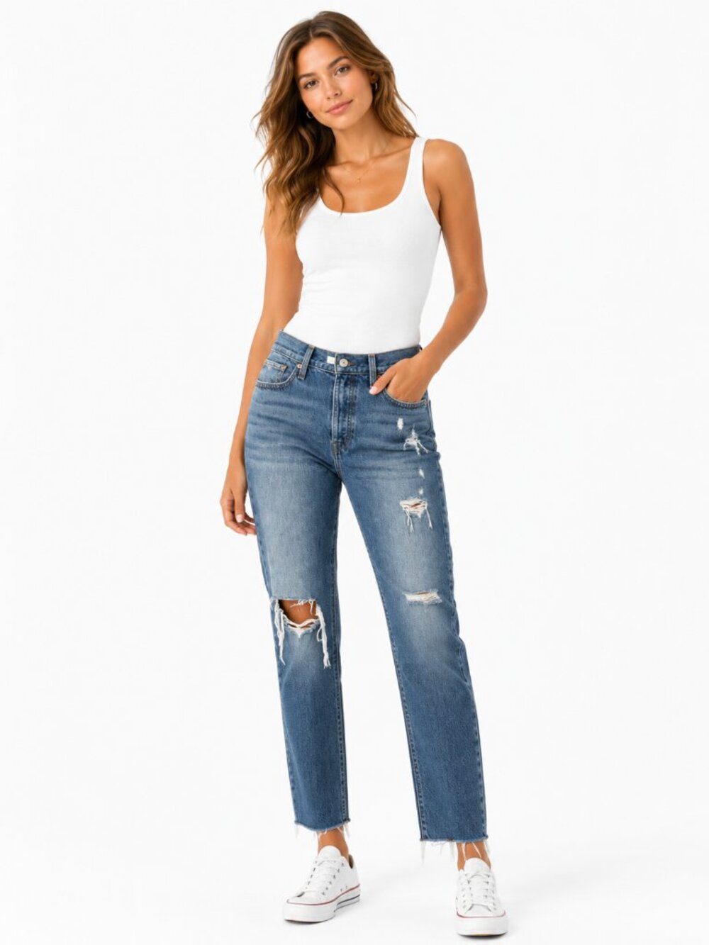 Levi's Wedgie Straight Distressed High Rise Jeans Blue Denim 31x28 Raw Hem